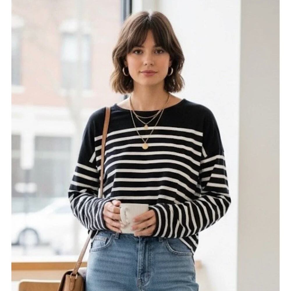 LA LIGNE | Black and white breton stripe Long Sleeve Drop SHoulder Top | Small